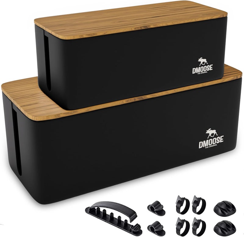 DMoose  Cable Management Box - 2 Pack Medium & Large Cord Organizer for Desk & Floor, Cable Organizer Box for Child & Pet - Hider for Tidy Office & Home (Wood Print Lid, Black, Pack of 2) - Image 1